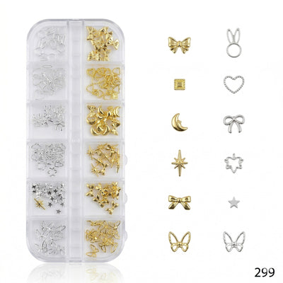 GV641  12 Grid Gold & Silver Nail Art Charms Set – 3D Metal Nail Decoration Box (299)