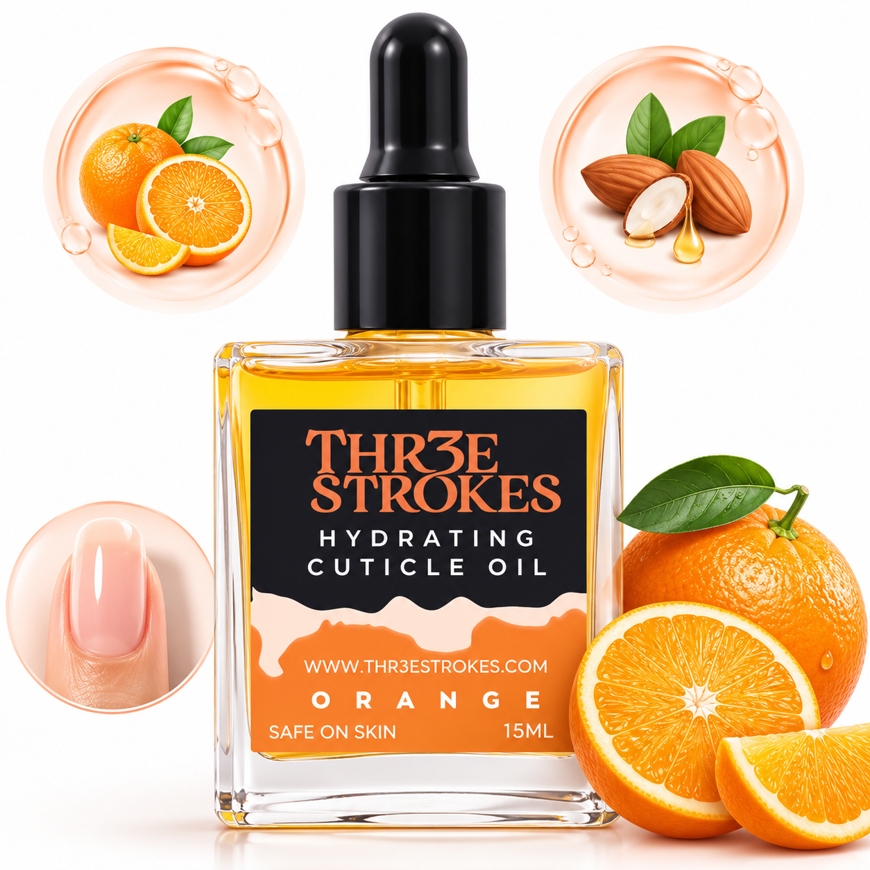 GV78 THR3E STROKES Naturale Revitalizing Cuticle Oil - Hydrating Oil For Repaired Cuticles Overnight - Remedy For Damaged Skin And Thin Nails - Paraben/Cruelty-Free Formula 15ML (ORANGE)