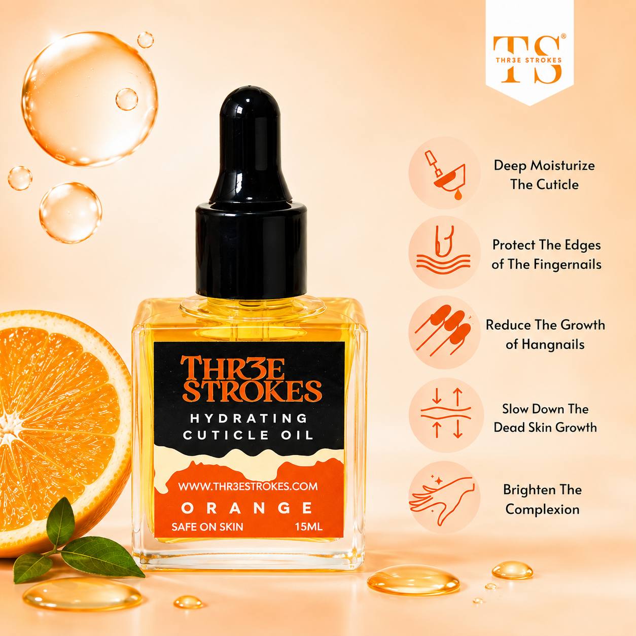 GV78 THR3E STROKES Naturale Revitalizing Cuticle Oil - Hydrating Oil For Repaired Cuticles Overnight - Remedy For Damaged Skin And Thin Nails - Paraben/Cruelty-Free Formula 15ML (ORANGE)