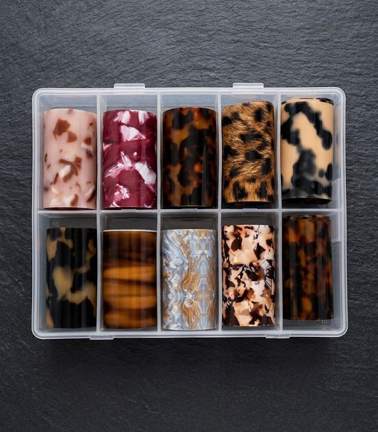 GV1091 Nail Art Transfer Foil Set – Marble, Tortoiseshell & Leopard Print Nail Foils Collection for Gel, Acrylic & DIY Nail Designs (10 Rolls)