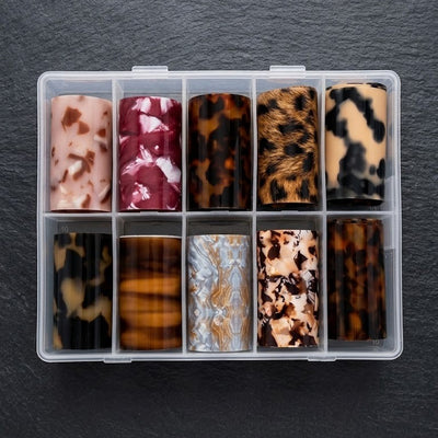 GV1091 Nail Art Transfer Foil Set – Marble, Tortoiseshell & Leopard Print Nail Foils Collection for Gel, Acrylic & DIY Nail Designs (10 Rolls)