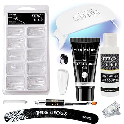 GV187 THR3E STROKES Poly Nail Gel Extension Kit, UV Nail Lamp, Builder Gel, Slip Solution, Nail Art Kit (CLEAR)