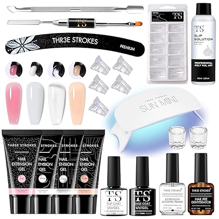 GV192 THR3E STROKES TOXIC FREE Poly Nail Gel Extension Kit for Builder Gel, UV Nail Art Kit, Nail Extension Set, Glue-Free Manicure and Pedicure Set (20 Items in Set)(RUBY KIT)