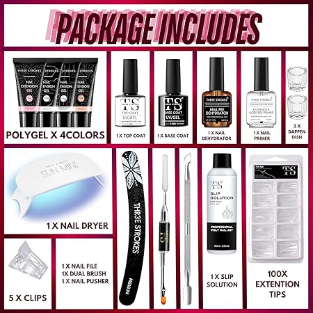 GV192 THR3E STROKES TOXIC FREE Poly Nail Gel Extension Kit for Builder Gel, UV Nail Art Kit, Nail Extension Set, Glue-Free Manicure and Pedicure Set (20 Items in Set)(RUBY KIT)