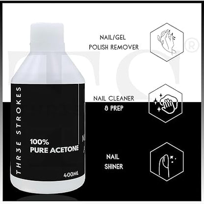 GV194 THR3E STROKES Acetone | Clear | NOT FOR MEDICAL USE | Nail Polish Remover | Nail Colour Remover | A++ Grade,400ML (PLUS EMPTY ACETONE BOTTLE)
