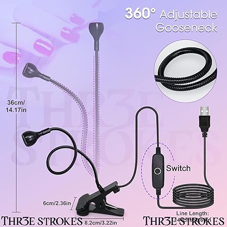 GV198 THR3E STROKES UV Light for Nails - 3W LED Nail Dryer with Gooseneck Clamp & USB Charge for Salon/Home (Black-B)