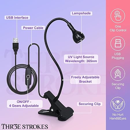 GV198 THR3E STROKES UV Light for Nails - 3W LED Nail Dryer with Gooseneck Clamp & USB Charge for Salon/Home (Black-B)