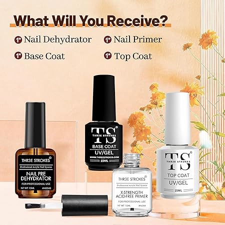 GV199 THR3E STROKES Nail Dehydrator and Primer with Gel Base & Top Coat Set, Acid Free Acrylic Nail Supplies Primer Glossy Gel Nail Polish Top Coat Starter Kit (MACHINES SE SIKHENGI)(UV LAMP REQUIRED) 15ML X 4
