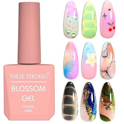 GV200 THR3E STROKES Nail Blooming Gel 15ml Clear Uv Led Blossom Gel Polish for Spreading Effect Marble Natural Stone Watercolor Floral Print Soak off Nail Gel Diy Nail Art Design Gift for Women