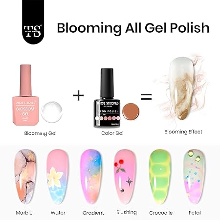 GV200 THR3E STROKES Nail Blooming Gel 15ml Clear Uv Led Blossom Gel Polish for Spreading Effect Marble Natural Stone Watercolor Floral Print Soak off Nail Gel Diy Nail Art Design Gift for Women