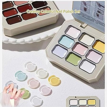 GV201 THR3E STROKES Solid Cream GelPolish Set, 9 Colors Pudding Gel Nail Polish Palette with Nail Brush, Nude Pink Orange Red Solid Gel Polish Nail Art Kit Soak Off Portable Gift for Girls/Friend DIY Home (E)