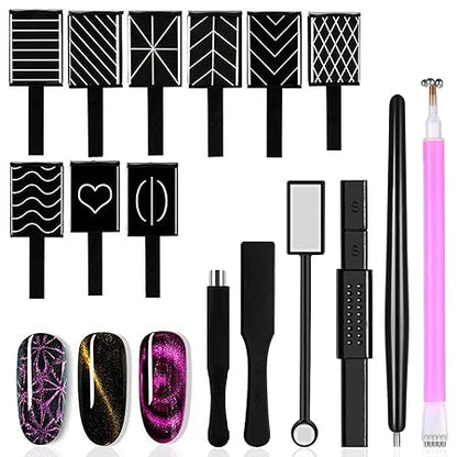 GV202 THR3E STROKES 15Pcs Nail Magnet Set Cat Eye Gel Nail Polish Magnet Wand Magnetic Nail Polish Cat Eye Magnet for Nails Cat Eye Magnets Sticks Nail Design Tools Nail Art Accessories
