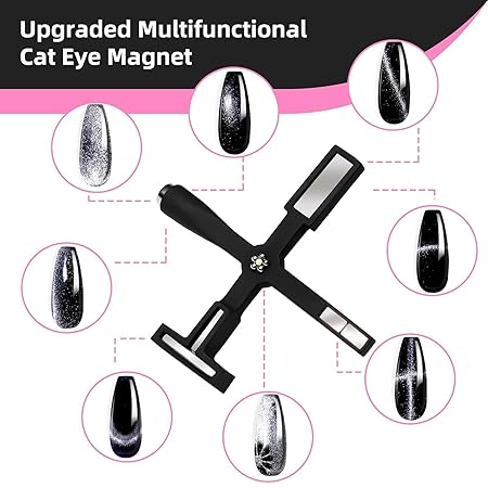 GV204 THR3E STROKES 5 in 1 Magnet for Cat Eye Gel Nail Polish, Multifunctional Magnetic Nail Tool, Upgraded Cross Cat Eye Magnet for Nail Designs 3D Cateye Nail Gel Strong Nail Art Magnet Home Salon(Black)
