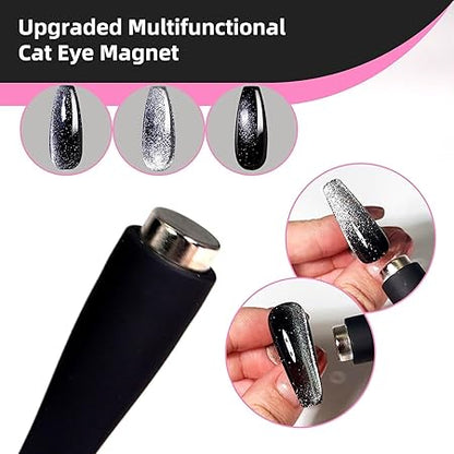 GV204 THR3E STROKES 5 in 1 Magnet for Cat Eye Gel Nail Polish, Multifunctional Magnetic Nail Tool, Upgraded Cross Cat Eye Magnet for Nail Designs 3D Cateye Nail Gel Strong Nail Art Magnet Home Salon(Black)