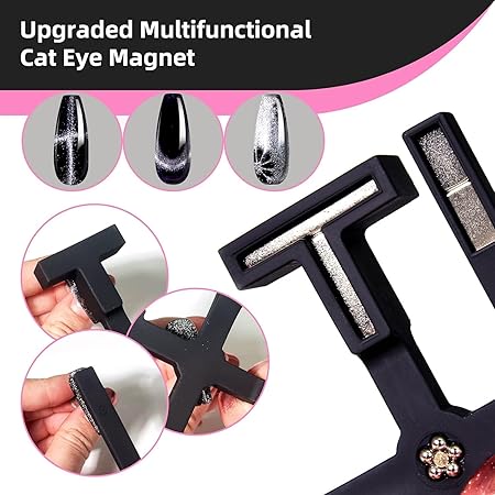 GV204 THR3E STROKES 5 in 1 Magnet for Cat Eye Gel Nail Polish, Multifunctional Magnetic Nail Tool, Upgraded Cross Cat Eye Magnet for Nail Designs 3D Cateye Nail Gel Strong Nail Art Magnet Home Salon(Black)