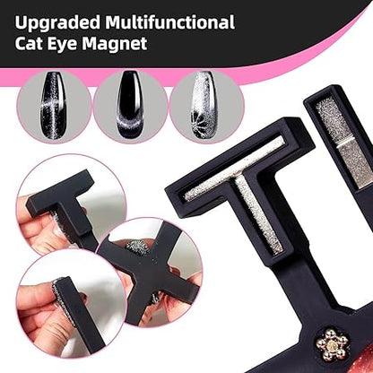 GV204 THR3E STROKES 5 in 1 Magnet for Cat Eye Gel Nail Polish, Multifunctional Magnetic Nail Tool, Upgraded Cross Cat Eye Magnet for Nail Designs 3D Cateye Nail Gel Strong Nail Art Magnet Home Salon(Black)