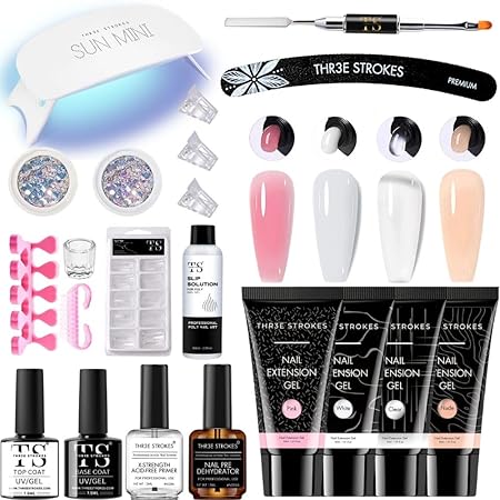 GV205 THR3E STROKES Poly Gel Nail Kit: PolyGel with Slip Solution Mini U V Nail Light Poly Nail Gel Kit for Beginners with Everything Extension ( MINIMUM 180S TO DRY) (JADE KIT)