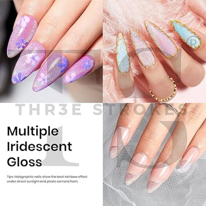 GV209 THR3E STROKES Rainbow Cat Eye Gel Nail Polish, 7.5ml Holographic 9D Sparkly Glitter Spring Gel Polish, Soak Off UV/LED Manicure Nail Art Designs, Flakie Finish