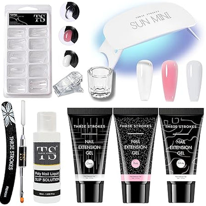 GV210 THR3E STROKES Poly Nail Gel Extension Kit for Builder Gel, UV Nail Art Kit, Nail Extension Set, Glue-Free Manicure and Pedicure Set (WFF)(PINK,WHITE,CLEAR)