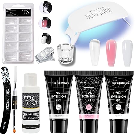 GV210 THR3E STROKES Poly Nail Gel Extension Kit for Builder Gel, UV Nail Art Kit, Nail Extension Set, Glue-Free Manicure and Pedicure Set (WFF)(PINK,WHITE,CLEAR)
