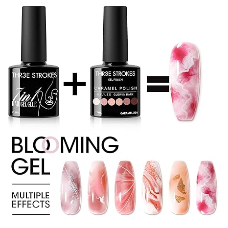 GV211 THR3E STROKES 7 in One Gel Nail Glue Brush On Nail Glue 7.5 ml for tips, Rhinestones, Base Coat, Blooming Art Gel Kit for Acrylic tips UV Lamp Needed 7.5ML (THIN - WATERY FORMULA)