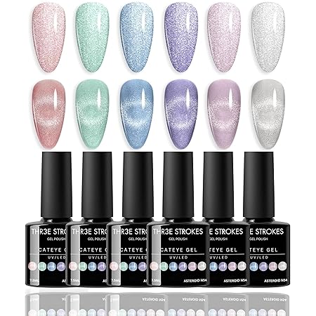 GV212 THR3E STROKES Gel NailPolish Cat Eye Gel Nail Polish Set, 6 Color Jelly Shimmer Glass Cat Eye Gel Nail Polish with Magnet Nude Reflective Clear Champagne Pink Purple Magnetic Gel Polish Gift Set 7ML (UV/LED LIGHT REQUIRED) (ASTEROID N54, )