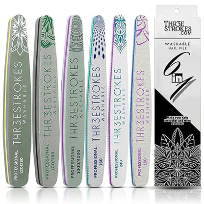 GV213 THR3E STROKES 6pc Nail File Set for Manicure, Nail Shaping & Polishing, Double-Sided 100/180 Grit, Orange Sanding Paper