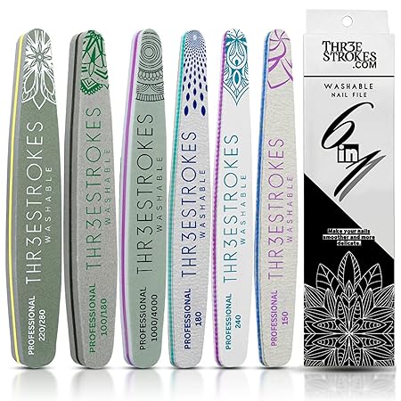 GV213 THR3E STROKES 6pc Nail File Set for Manicure, Nail Shaping & Polishing, Double-Sided 100/180 Grit, Orange Sanding Paper