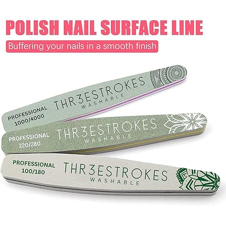 GV213 THR3E STROKES 6pc Nail File Set for Manicure, Nail Shaping & Polishing, Double-Sided 100/180 Grit, Orange Sanding Paper