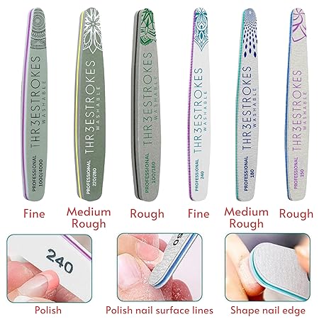 GV213 THR3E STROKES 6pc Nail File Set for Manicure, Nail Shaping & Polishing, Double-Sided 100/180 Grit, Orange Sanding Paper