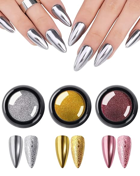 GV214 THR3E STROKES 3 Colors Chrome Nail Powder Set Reflective Glitter Metallic Mirror Effect for Nails Art Design 3D Holographic Silver Rose Gold Pigment Flash Light Crome Paillette Dust (RSG Powder)
