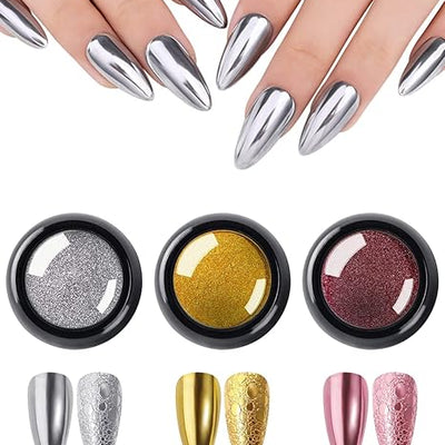 GV214 THR3E STROKES 3 Colors Chrome Nail Powder Set Reflective Glitter Metallic Mirror Effect for Nails Art Design 3D Holographic Silver Rose Gold Pigment Flash Light Crome Paillette Dust (RSG Powder) (Each 0.5gm)