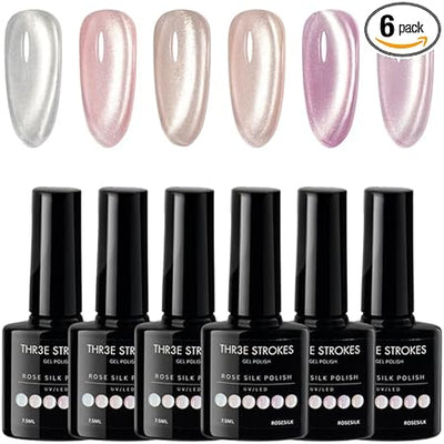 GV215 STROKES Cat Eye Gel Nail Polish Set for Pink Brown Glitter Holographic Cat Eye, Salon Gel Manicure and Nail Art DIY at Home, Bright Moonlight (ROSE SILK)