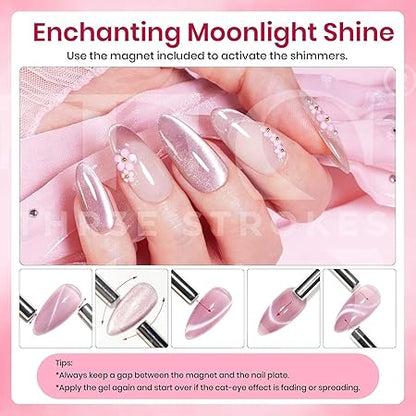 GV215 STROKES Cat Eye Gel Nail Polish Set for Pink Brown Glitter Holographic Cat Eye, Salon Gel Manicure and Nail Art DIY at Home, Bright Moonlight (ROSE SILK)