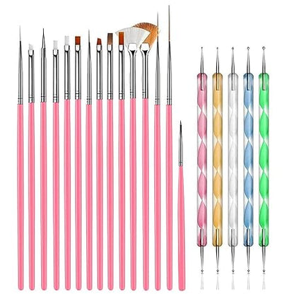 GV216 THR3E STROKES 20 pcs Nail Art Brushes, Nail Art Design Painting and Drawing UV Polish Brush Tool Kit, 15 pcs Nail Art Brushes Kit with 5 pcs Nail Dotting Pens, Multicolored 15 PCS BRUSH + 5PCS DOTTING TOOLS)
