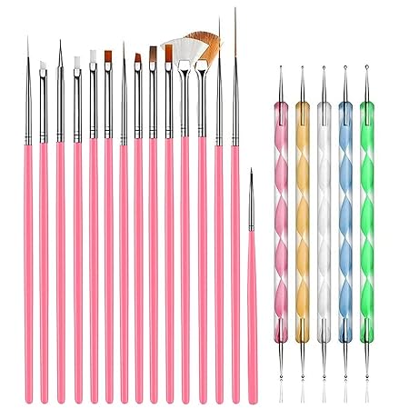 GV216 THR3E STROKES 20 pcs Nail Art Brushes, Nail Art Design Painting and Drawing UV Polish Brush Tool Kit, 15 pcs Nail Art Brushes Kit with 5 pcs Nail Dotting Pens, Multicolored 15 PCS BRUSH + 5PCS DOTTING TOOLS)