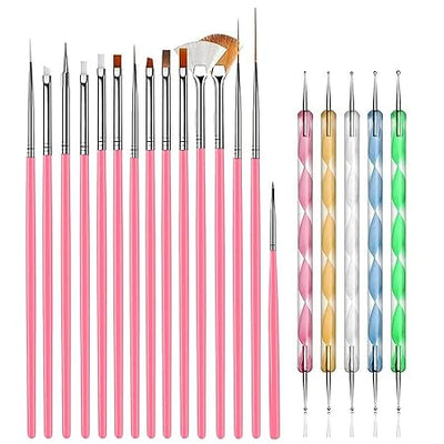 GV216 THR3E STROKES 20 pcs Nail Art Brushes, Nail Art Design Painting and Drawing UV Polish Brush Tool Kit, 15 pcs Nail Art Brushes Kit with 5 pcs Nail Dotting Pens, Multicolored 15 PCS BRUSH + 5PCS DOTTING TOOLS)
