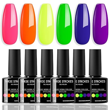 GV217 THR3E STROKES Gel Nail Polish Set - 6 Colors Gel Polish Glitter Gel Polish Sparkle Nail Polish Gel Manicure DIY Salon Nail Art Gifts (RAVE NEON (RN5347), 7.5ML)