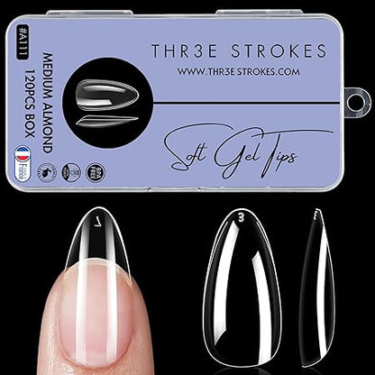 GV218 THR3E STROKES 120pcs Soft Gel Nail Tips, Gel X Nail Tips Clear Fake Nails Full Cover Soft Acrylic NailTips with Box for Extension Nail Manicure Salon Home DIY (Medium Almond)