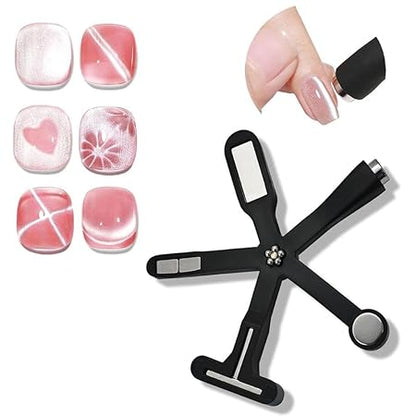 GV220 THR3E STROKES 6 in 1 Cat Eye Magnet Tool, Upgraded Cat Eye Gel Nail Polish Magnet with Silicone Protective Case, Multi-Function Magnet Stick 3D Strong Magnetic Cat Eye Nail Art for Salon Studio Home, Black (6 IN 1 MAGNET BLACK)