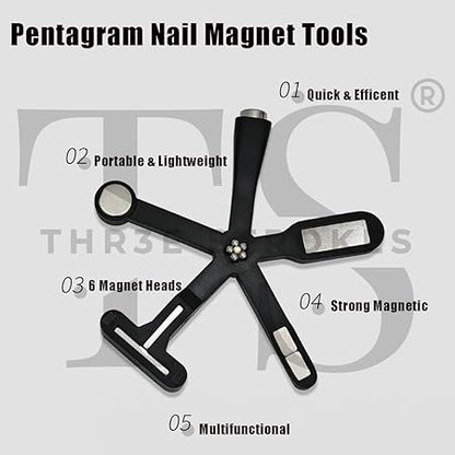GV220 THR3E STROKES 6 in 1 Cat Eye Magnet Tool, Upgraded Cat Eye Gel Nail Polish Magnet with Silicone Protective Case, Multi-Function Magnet Stick 3D Strong Magnetic Cat Eye Nail Art for Salon Studio Home, Black (6 IN 1 MAGNET BLACK)