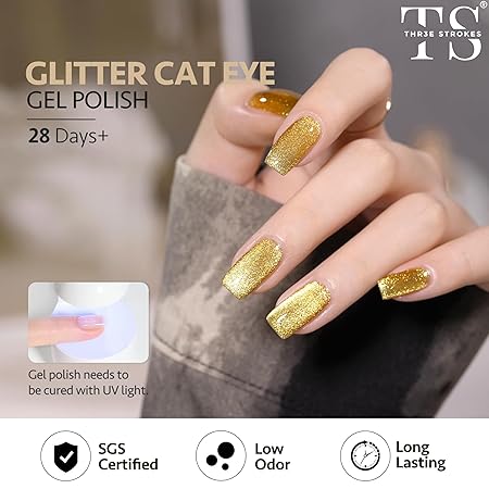 GV222 THR3E STROKES Cat Eye Gel Nail Polish 15ml Polish Soak Off U V LED Nail Lamp 1 Color Silver Shimmer Velvet Gel Nail Polish Nail Art Manicure Salon DIY Home (GLORIOUS GOLD)