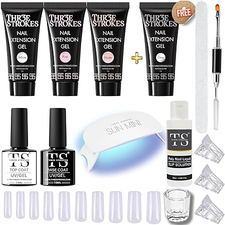 GV224 THR3E STROKES Poly Nail Gel Extension Kit for Builder Gel UV Nail Art Kit Nail Extension Set 15 ML EACH (Pink, Clear, White, Nude ) (GEMZ KIT)