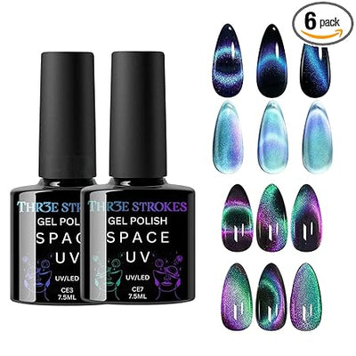 GV228 THR3E STROKES Cat Eye G-el Nail Polish, 2 PCS 15ML Pink Sliver Holographic 9D Cat Eye Glitter Multichrome Gel Polish Nail G-el Polish Magnet Soak Off Led Nail Art Gel DIY Salon Gift (CE3,CE7)