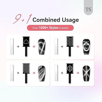 GV229 THR3E STROKES Cat Eye Magnet Set for Nails, 10 Pieces, Magnetic Wand for Gel Polish, DIY Nail Art Tools