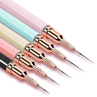 GV230 THR3E STROKES Nail Art Liner Brushes, 5Pcs Gel Polish Painting Art Design Pen Set Striping Brushes for Thin Long Lines, Tiny Details, Fine Drawing, Delicate Coloring Sizes 7/9/11/15/25mm (MIXED COLOR LINER BRUSH SET OF 5) Color may Vary