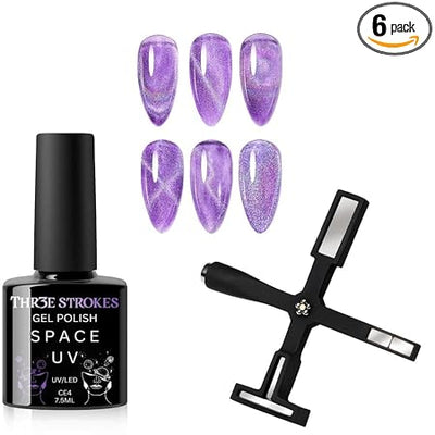 GV232 THR3E STROKES 9D Cat Eye Gel Nail Polish 7.5ML – Glitter Magnetic Gel with 3D Shimmering Effect – 5 in 1 Magnet Set – UV/LED Soak Off Gel for Nail Art & DIY Manicure at Home (CE4)