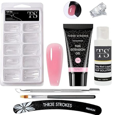 GV234 THR3E STROKES PolyGel Nail Extension Kit - Pink PolyGel Builder & Clear Gel, Slip Solution, Brush, Pusher, File, Clip - 30ml (PINK)