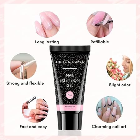 GV234 THR3E STROKES PolyGel Nail Extension Kit - Pink PolyGel Builder & Clear Gel, Slip Solution, Brush, Pusher, File, Clip - 30ml (PINK)