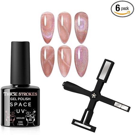 GV235 THR3E STROKES 9D Cat Eye Gel Nail Polish 7.5ML – Glitter Magnetic Gel with 3D Shimmering Effect – 5 in 1 Magnet Set – UV/LED Soak Off Gel for Nail Art & DIY Manicure at Home (CE6)